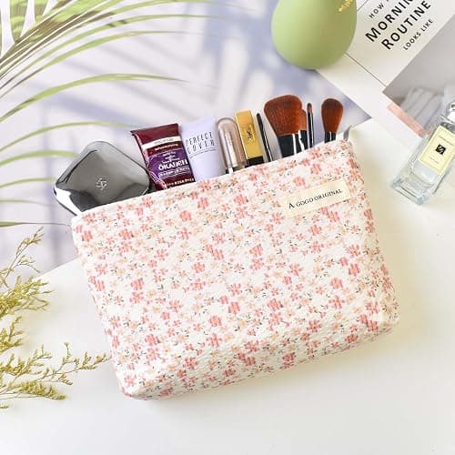 Aesthetic Makeup Bag Cotton, Quilted Floral Make up Bags, Travel Toiletry Bag Women, Daily Use Cosmetic Bags for Girls, Pink Makeup Bag for Purse, Cosmetics Organizer Pouch thumbnail 5