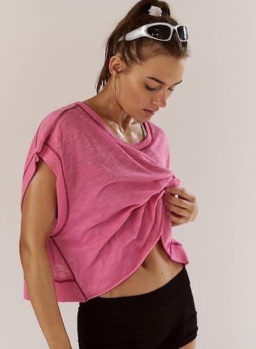 Kumufenc Women Short Sleeve Workout Shirts Open Back Tops Casual Yoga Y2k Athletic Gym Slouchy Crop Running Tees thumbnail 3