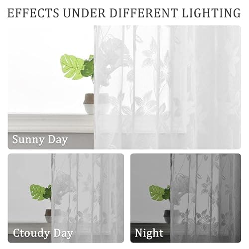 DWCN White Floral Lace Sheer Curtains - Rod Pocket Window Voile Sheer Drapes for Bedroom Kitchen Short Curtains 52 x 45 inch Length, Set of 2 Curtain Panels thumbnail 6