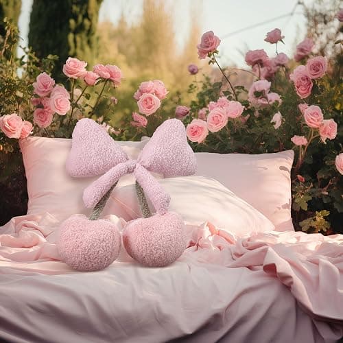 Beeveer Small Bow Cherry Throw Pillow Wool Cute Coquette Room Decor Decorative Throw Pillows Aesthetic Room Decor Bowknot Shaped Plush Cushions for Valentines Day Bedroom Sofa Couch(Pink) thumbnail 3