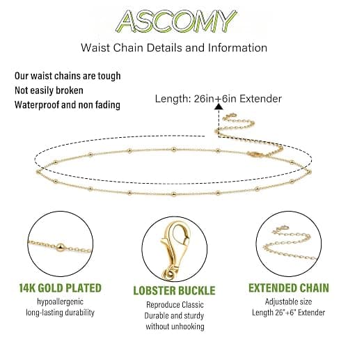 ASCOMY Waist Chains for Women 14K Gold Plated 2Pcs Body Chains Layered Cuban Pearl Satellite Beads Rope Coin Heart Pendant Belly Belt Body Chains Adjustable Bikini Body Jewelry for Women thumbnail 7