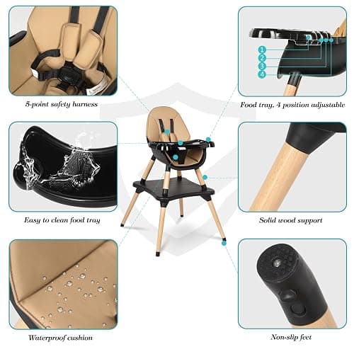 6 in 1 High Chair for Babies & Toddlers, Convertible Wooden Baby Highchair, Table and Chair Set, Baby Feeding Chair, 5-Point Adjustable Harness/4-Position Removable Tray& PU Seat Cushion (Black) thumbnail 5