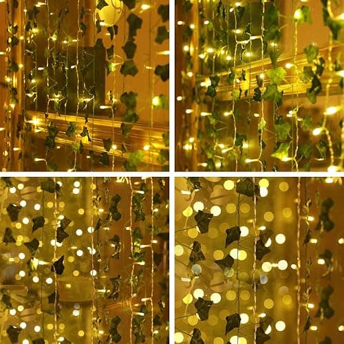 KASZOO 12 Pack Artificial Ivy Leaf Plants with 240 LED Window Curtain String Lights, Fake Plants Vine Hanging Garland, Hanging for Wall Party Wedding Room Home Kitchen Indoor & Outdoor Decoration thumbnail 7