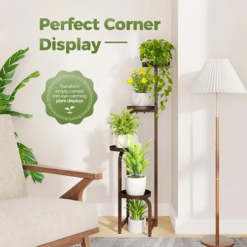 Bamworld Corner Plant Stand Indoor Outdoor, Tall Metal Flower Pot Stands for Multiple Plants, 4 Tier Brown Heavy Duty Plant Shelf for Patio Garden Balcony Living Room Bedroom(Patent Design) thumbnail 3