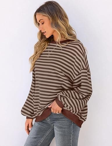 UEU Women Oversized Striped Crewneck Sweatshirt Long Sleeve Casual Pullover | Loose Fit Y2K Tops, Soft Sweatshirt Fabric, Color Block, Lounge Fall Streetwear, Workout Shirt thumbnail 3