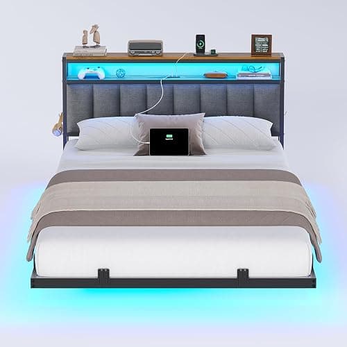 AOGLLATI Cadre de Lit 140x190 avec Multiprise et Éclairage LED, Lit 2 Personnes Flottant avec Tête de Lit Rangement, Sommier en Métal, Structure Stable, Lin Gris Foncé(sans Matelas) thumbnail 9