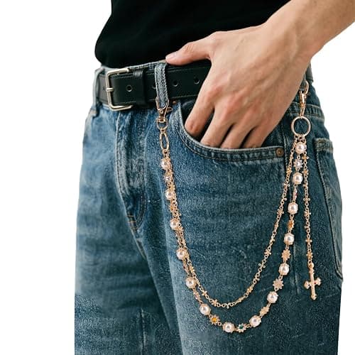 Gold Pants Chain, Stylish Pearl and Rhinestone Gold Wallet Chain with Cross Pendant, Double Layered Biker Jeans Pocket Punk Hip Fashion Charm Belt Jewelry Accessories for Women Men thumbnail 5