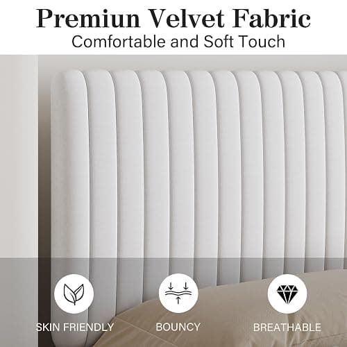 BarnFurin King Size Bed Frame with Adjustable Headboard/Velvet Upholstered Platform Bed with Vertical Channel Tufted Design/No Box Spring Required/Easy Assembly/White thumbnail 4