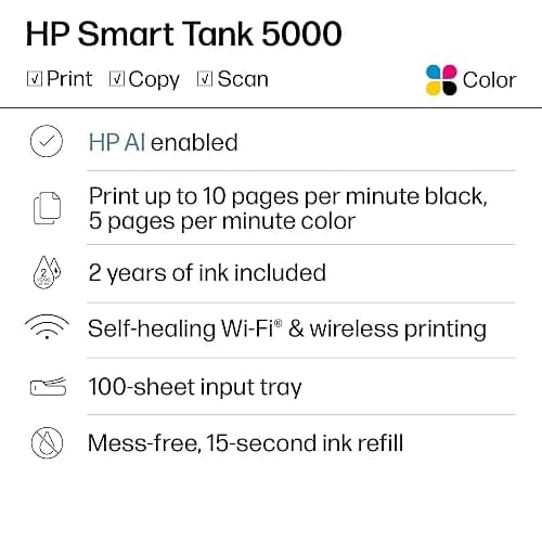 HP Smart Tank 5000 Wireless All-in-One Ink Tank Printer, Scanner, Copier with 2 Years of Ink Included, Best-for-Home, Cartridge-Free, Refillable, AI-Enabled (5D1B6A) thumbnail 6