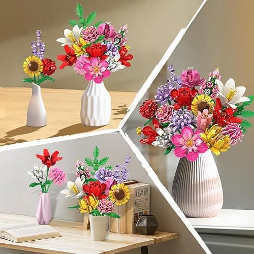 HOGOKIDS Flower Bouquet Set for Adults - 1461PCS Artificial Flowers Botanical Collection | 18 Sticks Ideas Decorative Home Plant Bouquet | Creative DIY Building Block Gift for Teens Girls Ages 8+ thumbnail 4