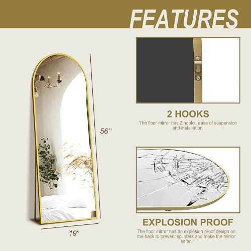 Delma Full Length Mirror, Large Floor Mirror for Wall, Bedroom, Bathroom, Living Room with Aluminium Frame (Stand, Arch 56x15-Gold) thumbnail 2