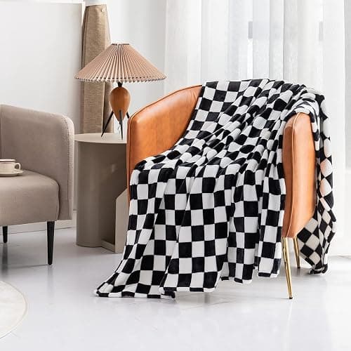 LOMAO Throw Blankets Flannel Blanket with Checkerboard Grid Pattern Soft Throw Blanket for Couch, Bed, Sofa Luxurious Warm and Cozy for All Seasons (Black, 40"x50") thumbnail 6