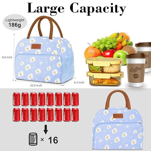 Coobiiya Lunch Bag Lunch Box for Women Men, Reusable Cute Lunchbag - Leakproof, Adult Insulated Lunch Box Tote with Large Capacity, Cooler Container for Work, Travel, Office (Blue Daisy) thumbnail 3