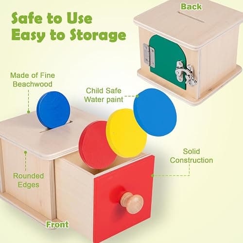 Adena Montessori Coin Lock Box,2 in 1 Object Permanence Box Toys for 1 Year Old Baby Coins,Wooden Mechanisms Help Develop Probelm Solving Skills Toys for 6-12 Month Infant Toys,Learning Kids Gifts thumbnail 4