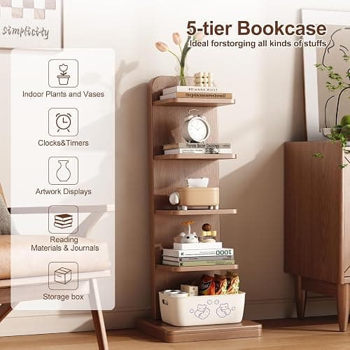 WoodsWhisper Narrow Bookshelf Ladder Bookshelf 5 Shelf Bookcase, Mid Century Modern Bookcase with Freestanding Display Shelves,Anti-tip Device and Thickened Base for Small Space,Living Room, Office - Walnut - 5C thumbnail 3