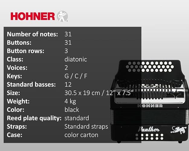 Hohner Panther Diatonic Accordion - Keys G/C/F Bundle with Gig Bag and Austin Bazaar Polishing Cloth thumbnail 6
