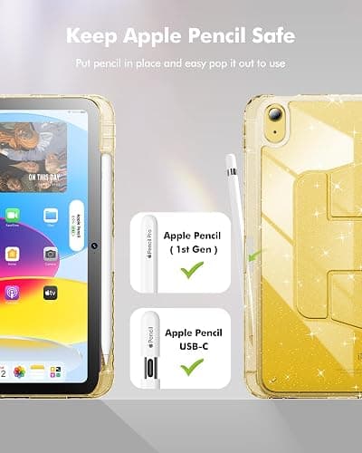 INFILAND Case for iPad A16 11-inch 11th Generation, iPad 10th Generation Case 10.9 Inch for Kids, Girls, 360 Rotating Cute Glitter Cover with Crystal Clear Back, Pencil Holder (Yellow) thumbnail 4