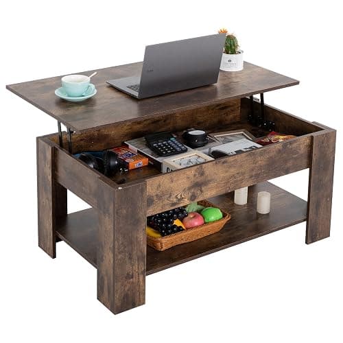 FDW Lift Top Coffee Table with Hidden Compartment and Storage Shelf Wooden Lift Tabletop for Home Living Room Reception Room Office,39.4",Brown - Image 1