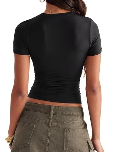 Womens Double Lined Tops Crewneck Short Sleeve Tees Basic Slim Fit T Shirts Y2K Summer Clothes 2025 thumbnail 7