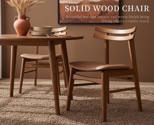 ROCITY Walnut Wooden Dining Chairs Set of 4, Faux Leather Upholstered Seating with Solid Wood Frame and Curved Back, for Dining Room and Restaurant Use, Brown thumbnail 3