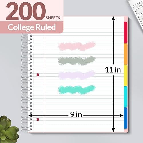 SUNEE 5 Subject Notebook College Ruled - 400 Pages, 9"x11", 5 Pocket Colored Dividers, 3-Hole Punched Paper, Pink thumbnail 2