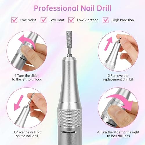 Electric Nail Drill - 45000RPM Portable Nail Drill丨Rechargeable Nail E-File Kit with 11 Bits & Base丨LED Screen丨Ultra-Silent, Rechargeable Nail Drills Machine for Acrylic Nails Gel Polishing(Pink) thumbnail 3