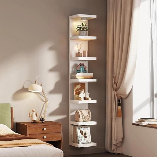 White 7-Tier Vertical Wall Shelf Unit with USB Rechargeable Led Light (Remote Controlled),Versatile Floating Display Shelves,Lack Style Wall Shelves for Bedroom,Living Room,Office Decor,Vanity thumbnail 7