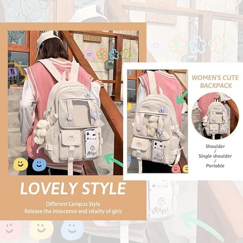 EVEOUT Cute Kawaii Nylon School Backpack for Girls, Large Capacity Multi-Pocket Casual Student Bookbag, Lightweight Travel Daypack for School & Outdoor Use thumbnail 7