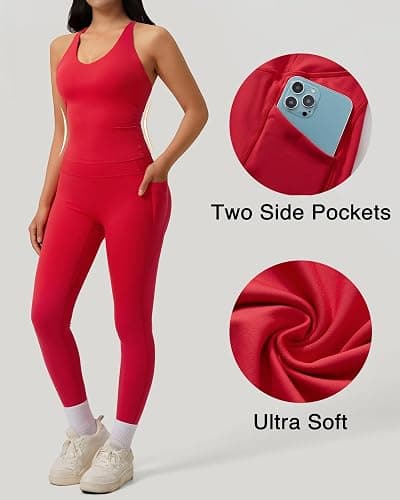 RXRXCOCO Strappy Back Workout Sets for Women 2 Piece Padded Tank Tops Hidden Scrunch Butt Lifting Leggings with Pockets thumbnail 5