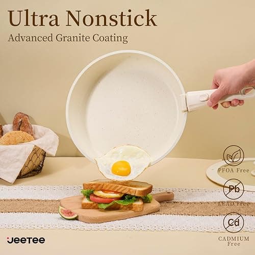 JEETEE Pots and Pans Set Non Stick 17pcs, Kitchen Cookware Sets with Detachable Handle, Induction Nonstick Cookware Set with Removable Handle, Stackable RV Cookware, Oven Safe, PFAS/PFOA Free, Beige thumbnail 4