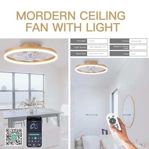 STERREN Modern Gold Ceiling Fans with Lights,20" Dimmable Flush Mount Low Profile Ceiling Fans with Remote Control,Indoor Smart Ceiling Fan with Light for Bedroom thumbnail 6