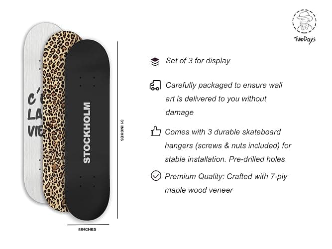 TwoDays Stockholm Style Skateboard Wall Decor - Modern Wall Mount Art Set for Men's Apartment & Dorm, Cool Cheetah Print Skate Deck, Trendy Skater Room Design (Set of 3) thumbnail 2