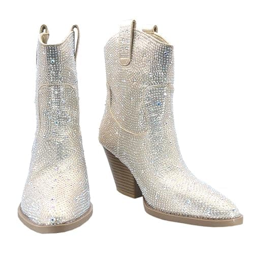 ABSOLEX Women Western Cowgirl Cowboy Pointed Toe Rhinestone Ankle Booties | Casual Boots thumbnail 6