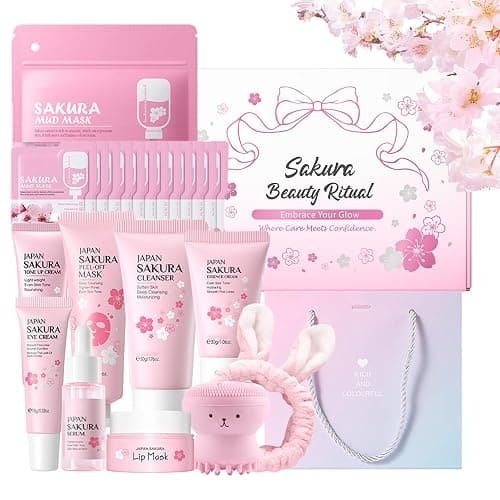 Sakura Skincare Set for Teen Girls 10-12,Skin Care Sets & Kits,33PCS Teenage Girls Gifts,Complete Pamper Face Care Sets for Women,Daily Facial Skincare Routine (One Size, Cherry Blossom-StyleD) - Image 1
