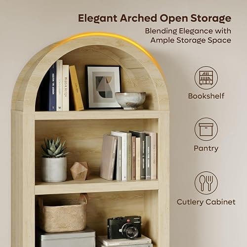 Bestier 76" Tall Arched Bookcase, 5 Tier Arched Bookshelf with Adjustable Book Shelf, Large Wood Bookshelf, Modern Farmhouse Open Display Book Case for Bedroom, Home Office,Living Room, Natural Oak thumbnail 3