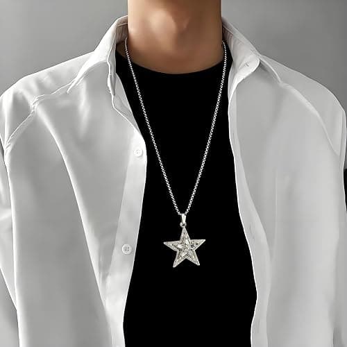 Vurotry Silver Star Necklace Star Pendant Necklace Fashionable And Avant Garde Cubic Zirconia Rotating Stars Necklaces Pentagram Necklace Can Be Worn By Both Men And Women Jewelry thumbnail 5