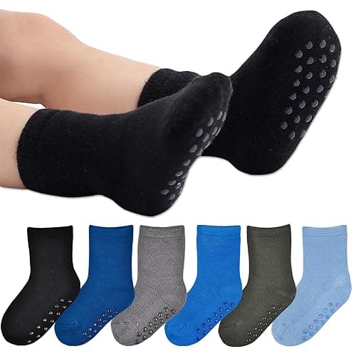 JORMATT 6 Pairs Toddler Thick Thermal Crew Socks Baby Winter Socks Boys and Girls Cute Warm Slipper Socks with Non Slip Girps - 4-6 Years - Boy's Solid, 6 Pairs