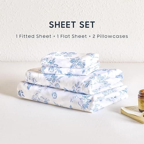 Wake In Cloud - Shabby Chic Bed Sheets, 4-Piece Sheet Set, Floral Botanical Coquette Cottagecore Vintage Flower, Soft Microfiber Deep Pocket Bedding, Light Blue, Queen Size thumbnail 2
