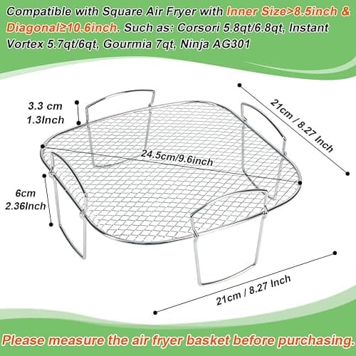 BYKITCHEN 8 Inch Square Air Fryer Rack, Stainless Steel Dehydrator Rack, Square Air Fryer Accessories for Cosori, Instant Vortex, Gourmia, Ninja Foodi Grill and More thumbnail 2
