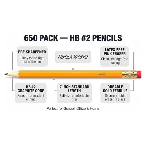 Nikola Works 650-Count #2 HB Pre-Sharpened Pencils with Erasers, Yellow thumbnail 2