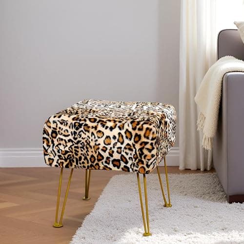 Warmaxx Leopard Print Square Ottoman 17"x17"x17" Faux Fur Entryway Bench Footrest Stool Accent Seating Cheetah Furry Ottoman Bedroom Vanity End of Bed for Bathroom Living Room Decor thumbnail 7