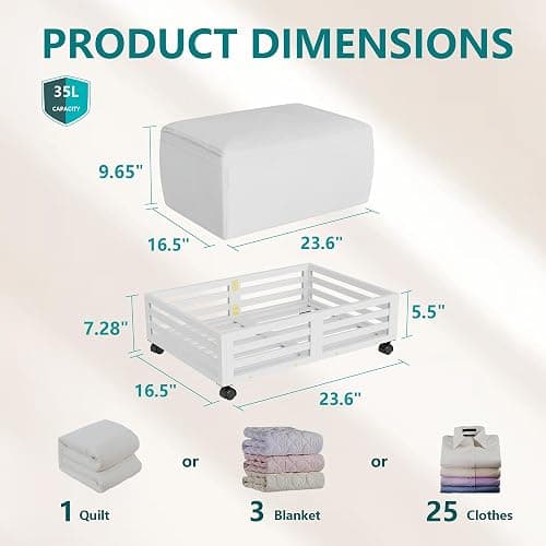 Bamboo Under Bed Storage Containers- Underbed Organizer with Wheels with Large Capacity Dust Bag,Sturdy Wood Rolling Under Bed Shoe Storage Organizer 2 Packs (White, 2 Packs (23.62"×16.54")) thumbnail 2