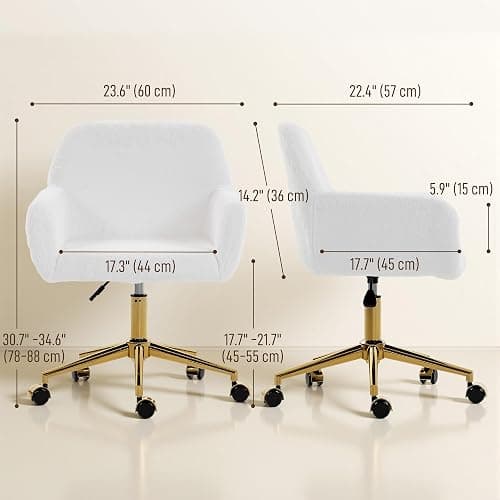 HOMCOM Swivel Office Chair, Faux Rabbit Fur Upholstered Vanity Desk Chair with Adjustable Height, Armrests and Wheels for Office, Makeup, Dressing Table, Cream White thumbnail 3