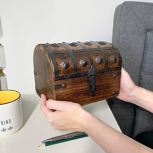 Nautical Cove Treasure Chest Keepsake and Decorative Wood Box (Large 8x6x6) - Storage Box, Wooden Box with Hinged Lid, Rustic Storage, Pirate Storage Box, Vintage Wooden Chest thumbnail 2