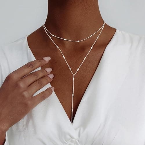Luxval Lariat Silver Necklace for Women, Dainty Long Necklace Silver Y-Shaped Pendant Necklaces Trendy Beaded Chain Drop Necklaces Jewelry for Women Gifts thumbnail 5