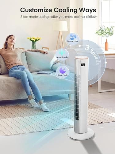 Tower Fan for Bedroom, Quiet Oscillating Floor Fans with 70°, Remote Control, 3 Modes, 3 Speeds, 12H Timer, 30" Bladeless Standing Fan for Home, Office, Living Room, White thumbnail 2