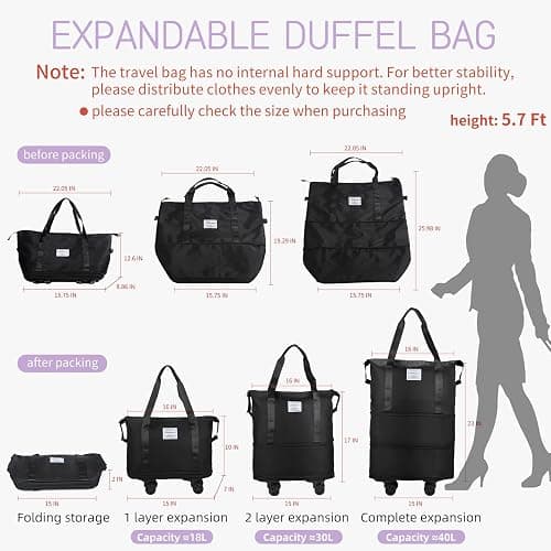 VOOWO Rolling Duffle Bag with Wheels, Expandable Foldable Duffle Bag for Travel, Rolling Under Seat Luggage Carry on Duffel Bags, Wheeled Travel Duffel Weekend Bags, Capacity 18L to 40L (Black) thumbnail 2