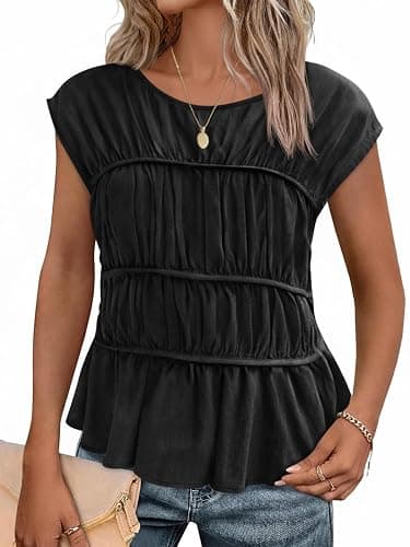 Cicy Bell Womens Cap Sleeve Peplum Tank Tops Summer Babydoll Smocked Cotton Shirts Casual Crew Neck Pleated Blouse - Image 1