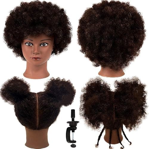 Afro Curly Mannequin Head with 100% Human Hair Curly Hair Hairdresser Hair Styling Cosmetology Manikin Head Doll head for Hairdresser Practice Styling Dye Braiding with Clamp Stand - Image 1