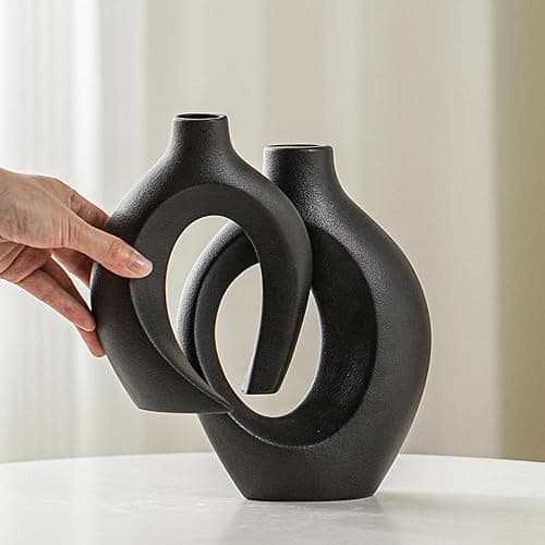 Lvases Snuggle Hollow Modern Ceramic Vase Set of 2, Mid Century Nordic Aesthetic Decorative Vase Decorative Vases for Home Table Decor (Matte Black W 6.3" X H 8.4") - Large Matte Black thumbnail 3